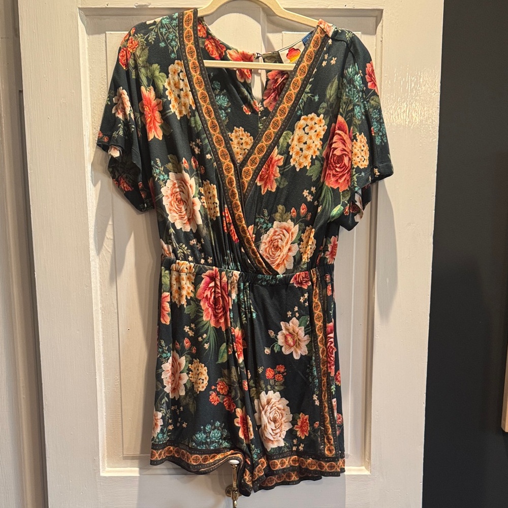 Anthropologie Floral Jumpsuit - Dark Green and Orange